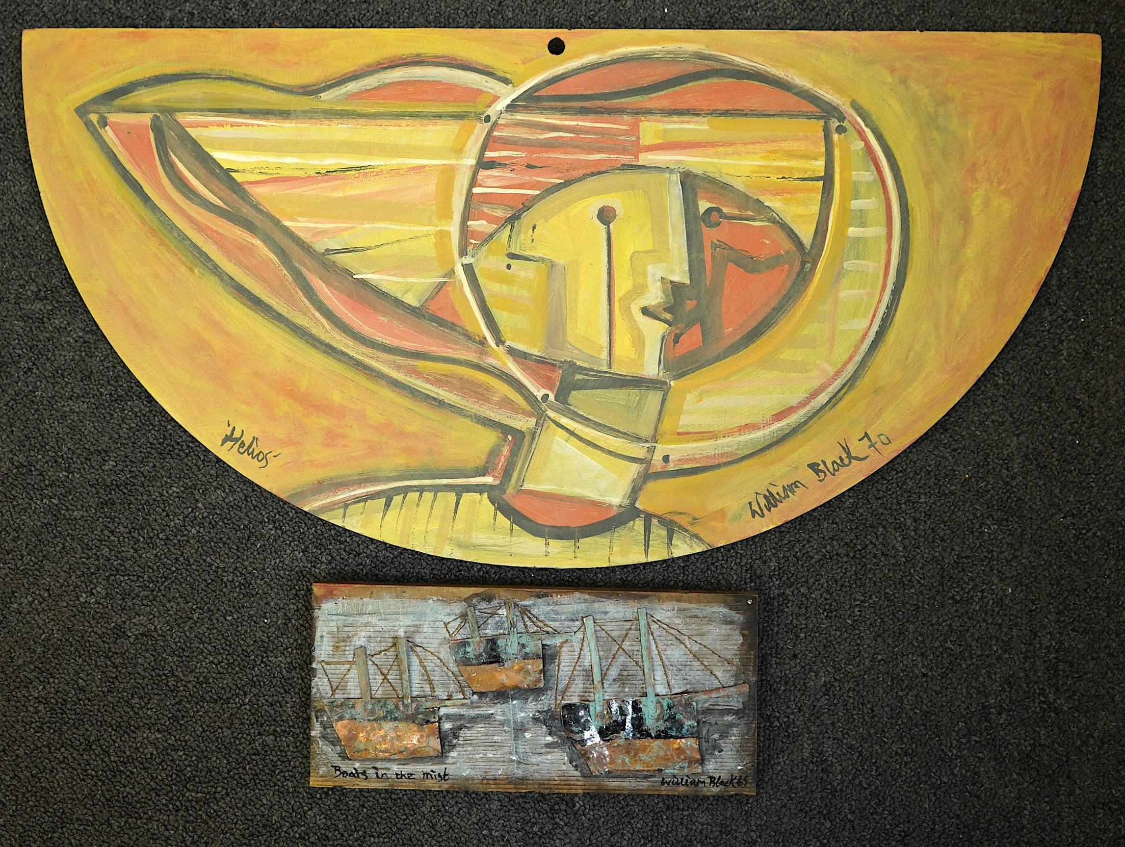 William Black (St. Ives, fl.1950s-1960s), 'Boats in the mist' and 'Helios', mixed media on board, 10.5 x 23cm and 29 x 58.5cm